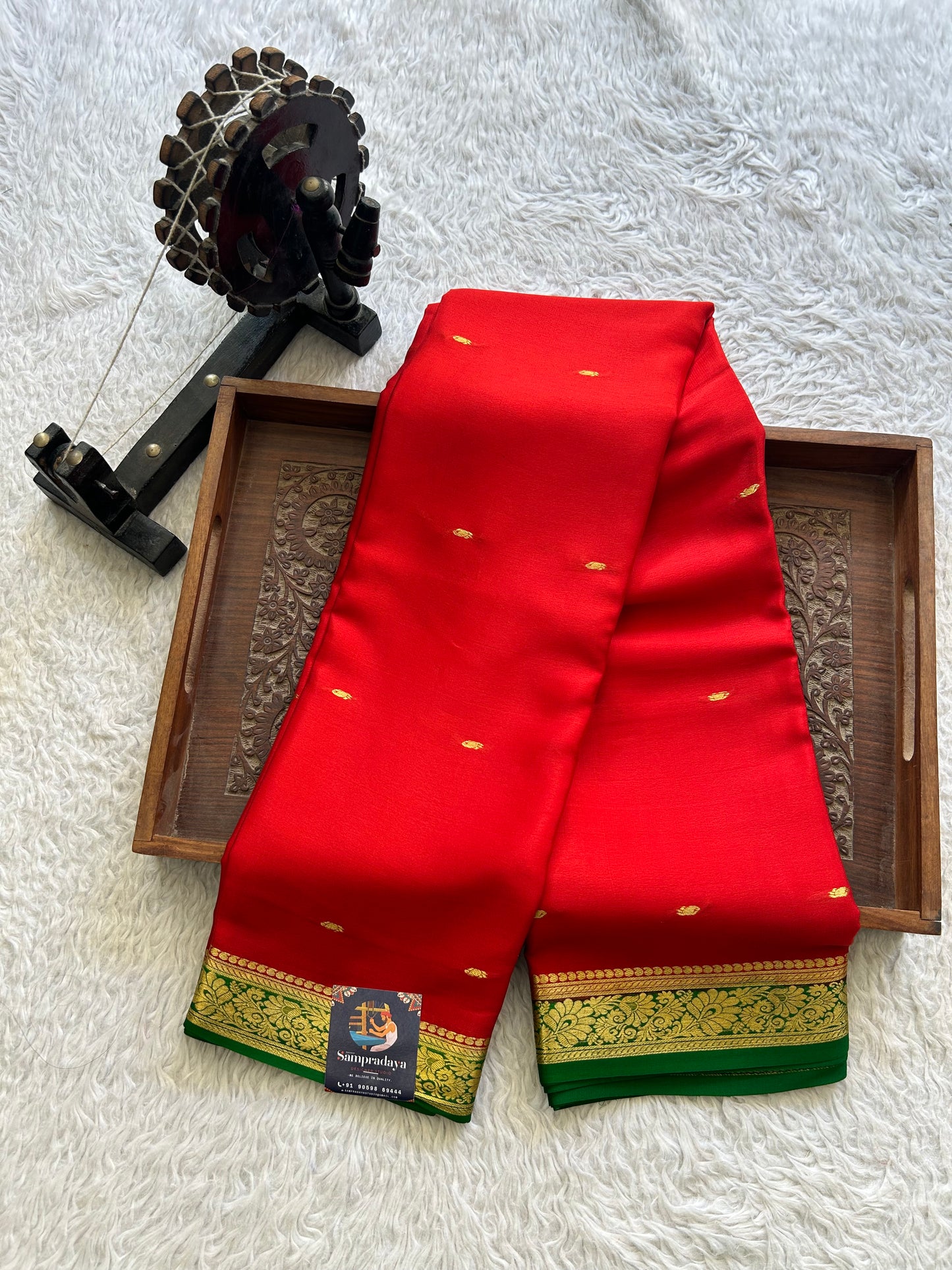 Red Mysore Crepe Silk Saree with Silver Zari Border | Pure Handloom | Silk Mark Certified - Sampradaya Designer Studio
