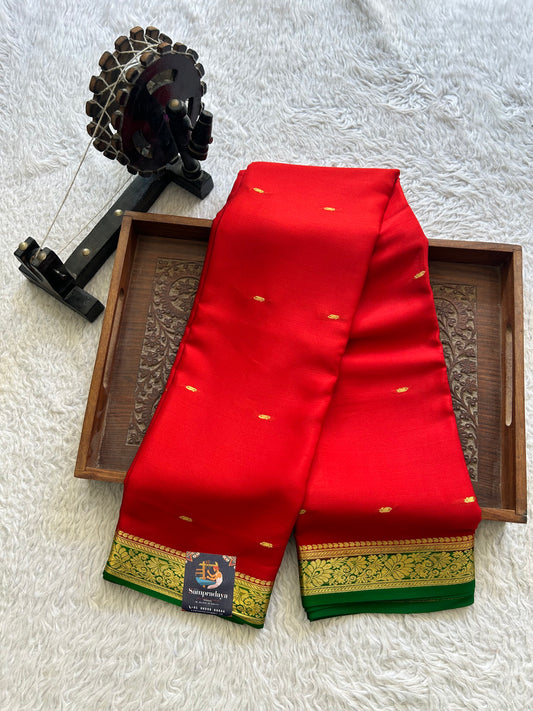 Red Mysore Crepe Silk Saree with Silver Zari Border | Pure Handloom | Silk Mark Certified - Sampradaya Designer Studio