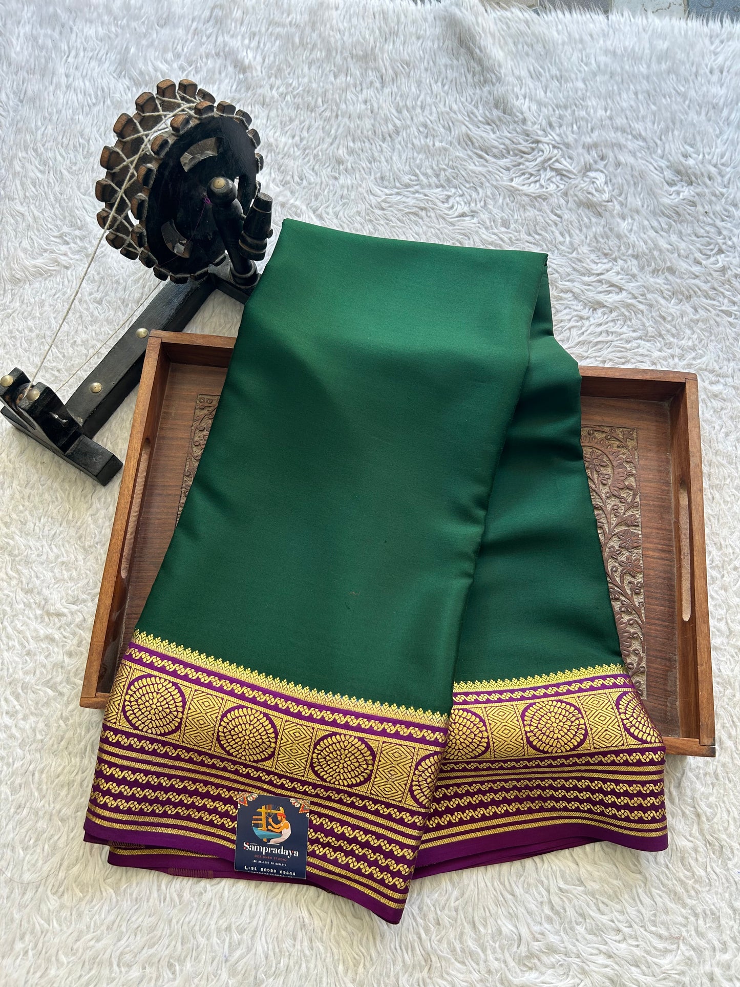 Bottle Green Mysore Crepe Silk Saree with Silver Zari Border | Pure Handloom | Silk Mark Certified