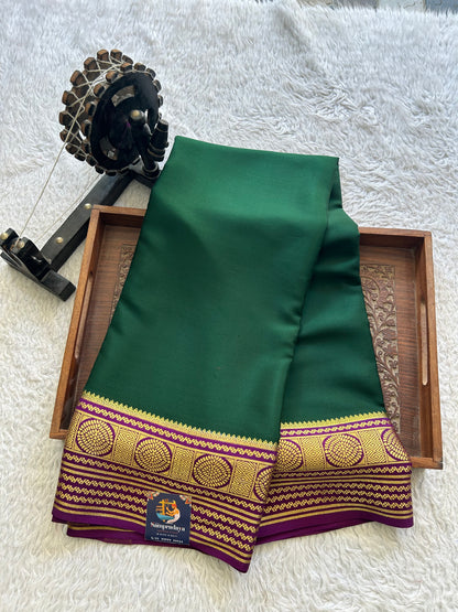 Bottle Green Mysore Crepe Silk Saree with Silver Zari Border | Pure Handloom | Silk Mark Certified