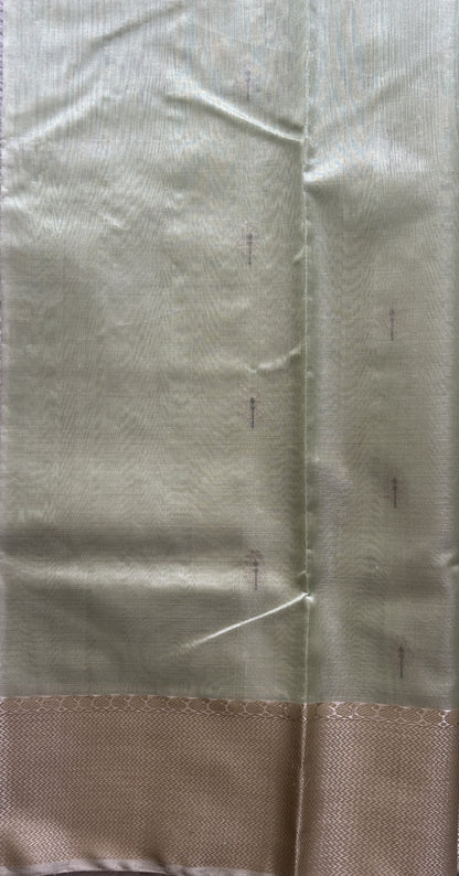 Chanderi Silk Saree Light Green color Elegantly Paired with a Gold Zari Weaving border - Sampradaya Designer Studio