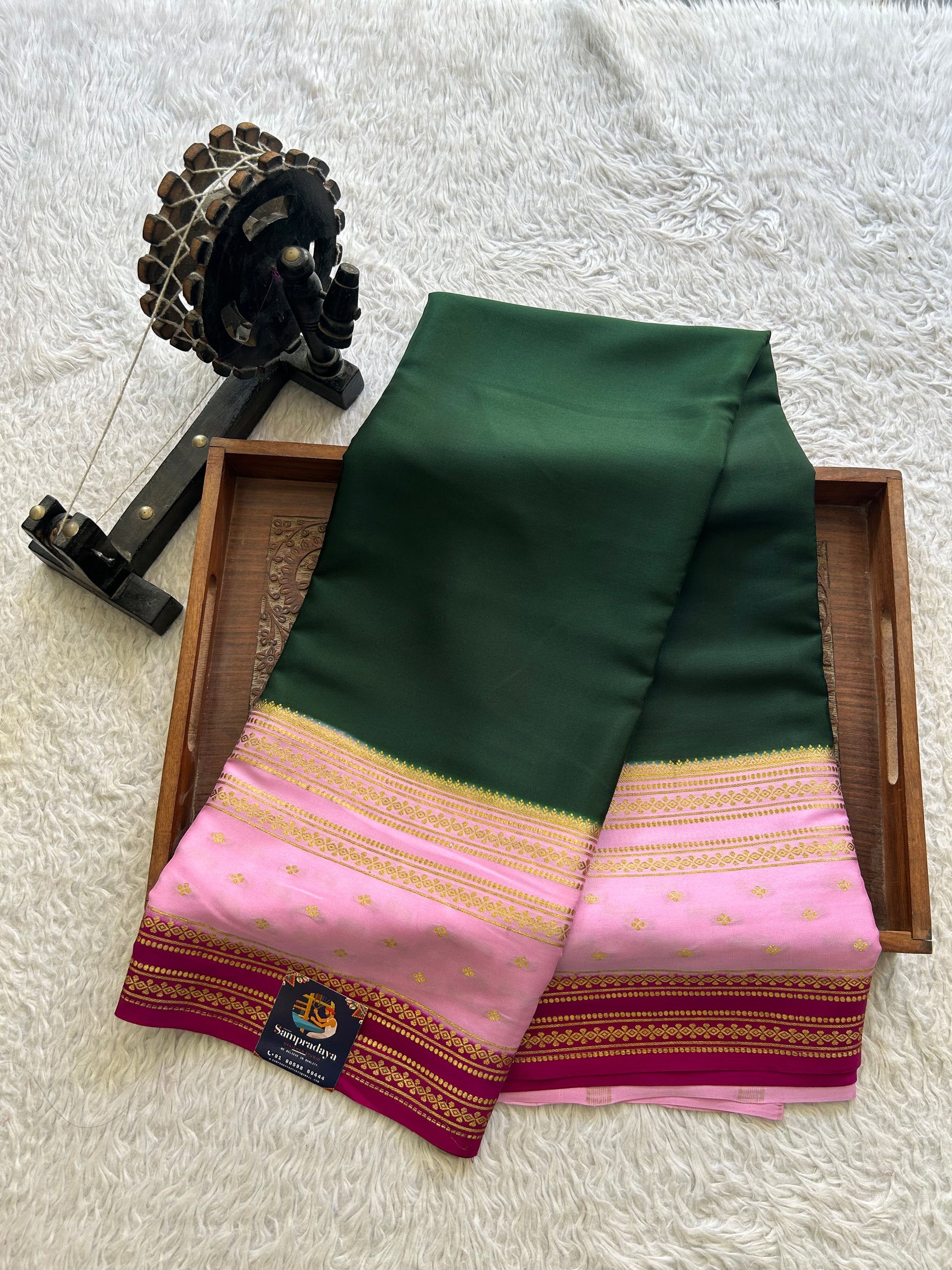 Bottle Green Mysore Crepe Silk Saree with Silver Zari Border | Pure Handloom | Silk Mark Certified - Sampradaya Designer Studio
