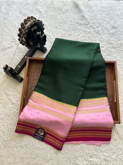 Bottle Green Mysore Crepe Silk Saree with Silver Zari Border | Pure Handloom | Silk Mark Certified - Sampradaya Designer Studio