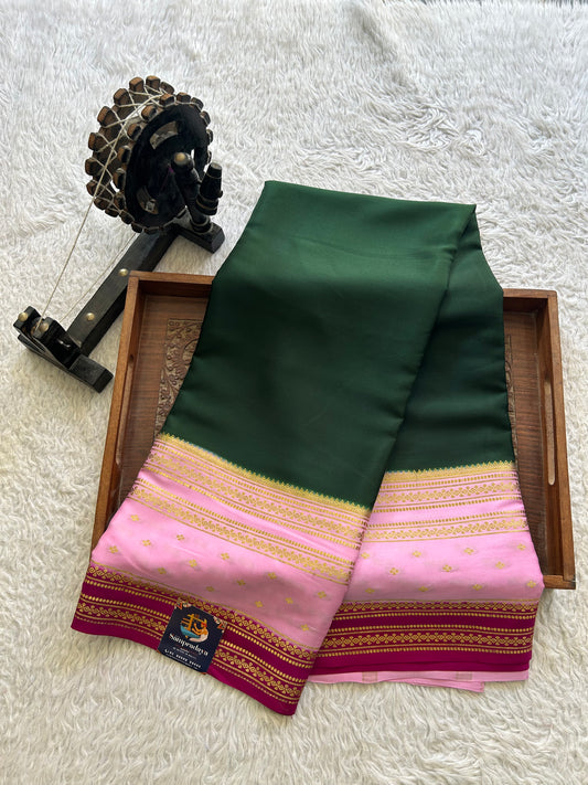 Bottle Green Mysore Crepe Silk Saree with Silver Zari Border | Pure Handloom | Silk Mark Certified - Sampradaya Designer Studio