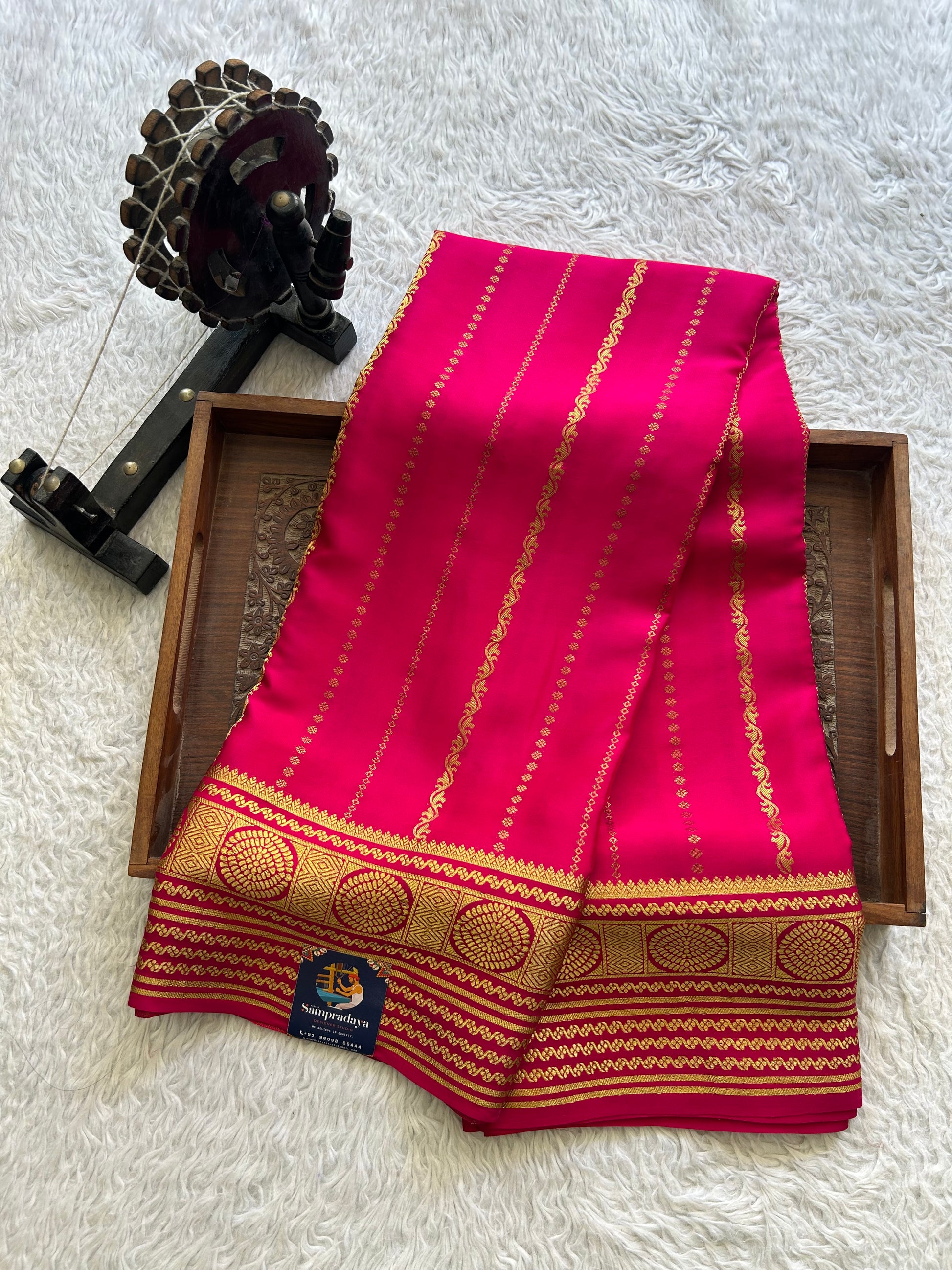 Pink Mysore Crepe Silk Saree with Silver Zari Border | Pure Handloom | Silk Mark Certified - Sampradaya Designer Studio