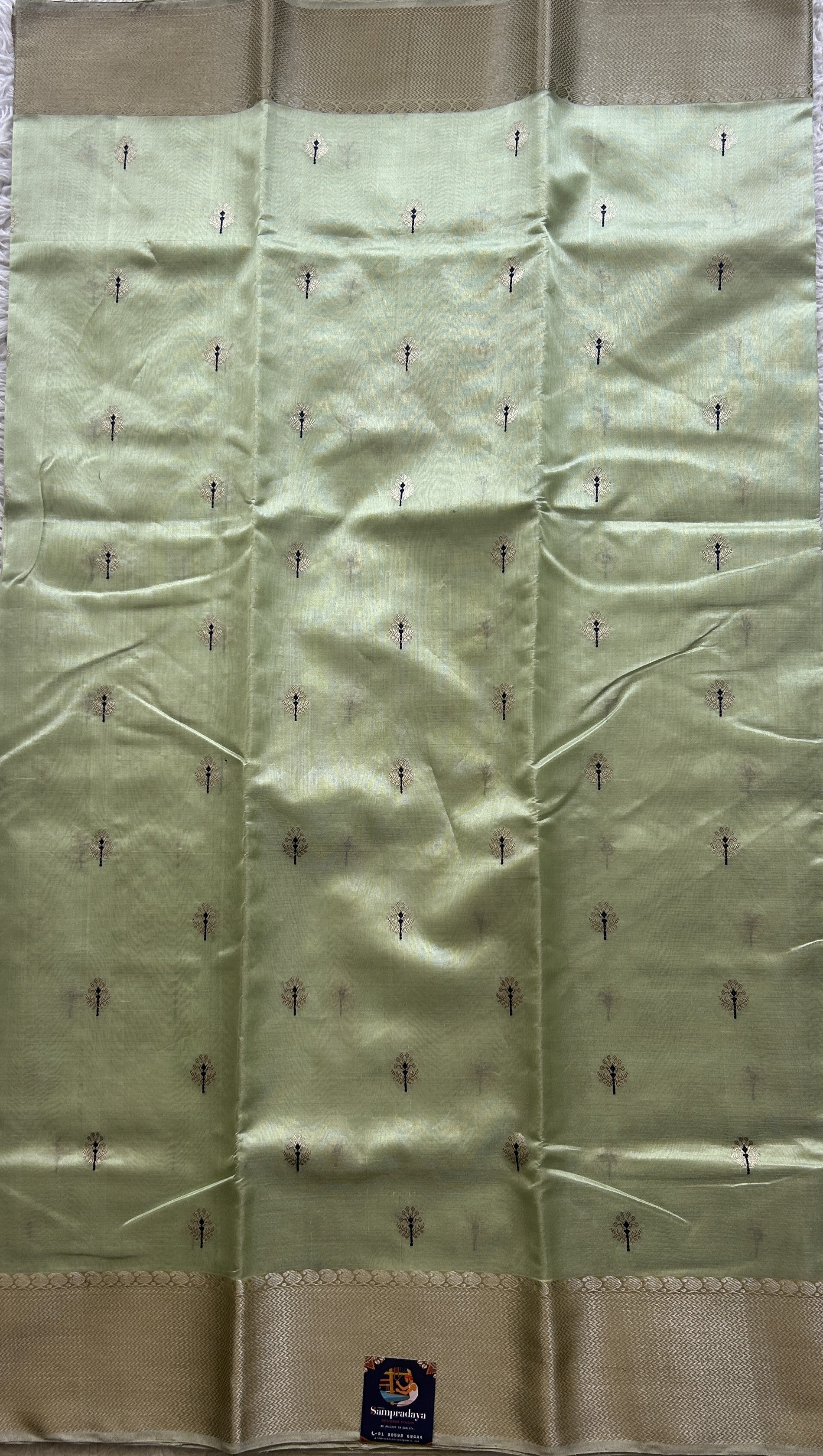 Chanderi Silk Saree Light Green color Elegantly Paired with a Gold Zari Weaving border - Sampradaya Designer Studio