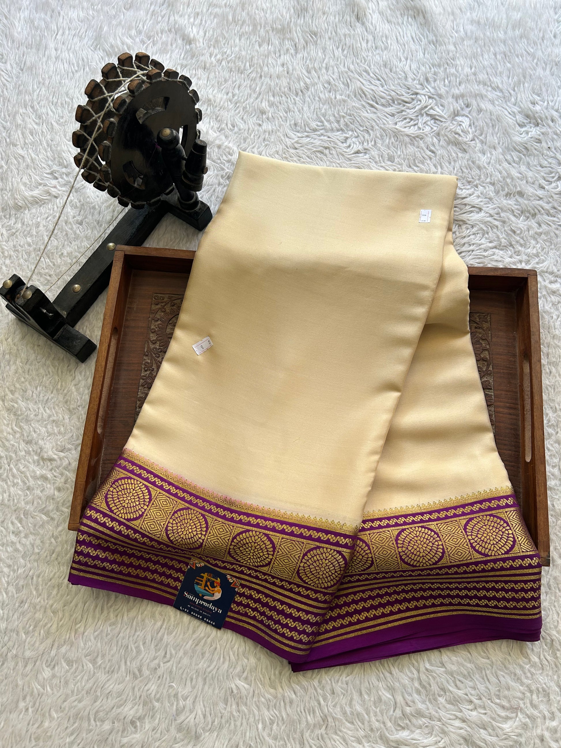 Cream Mysore Crepe Silk Saree with Silver Zari Border | Pure Handloom | Silk Mark Certified - Sampradaya Designer Studio
