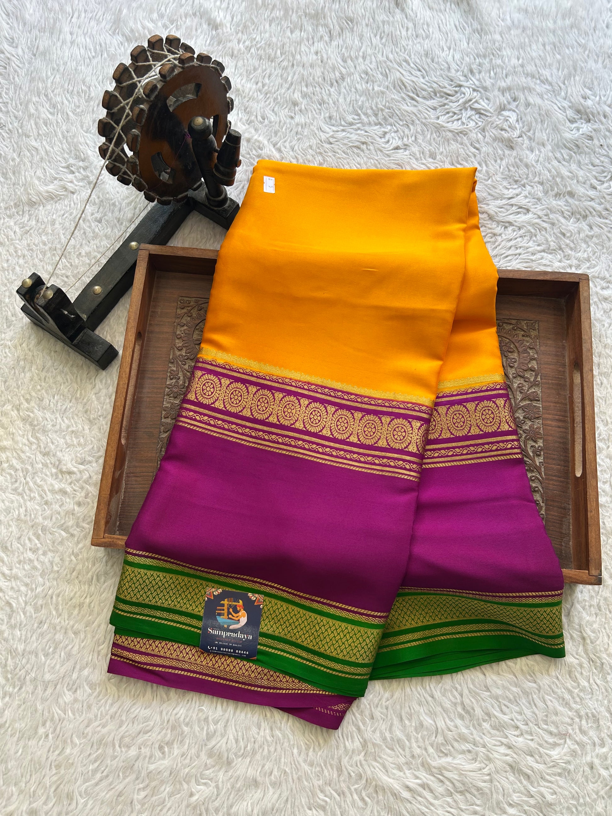 Yellow Mysore Crepe Silk Saree with Silver Zari Border | Pure Handloom | Silk Mark Certified - Sampradaya Designer Studio