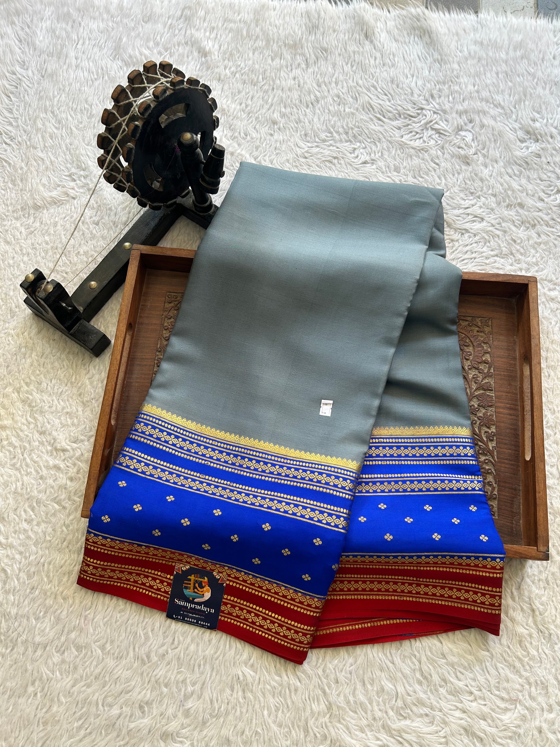 Elephant Gray Mysore Crepe Silk Saree with Silver Zari Border | Pure Handloom | Silk Mark Certified - Sampradaya Designer Studio