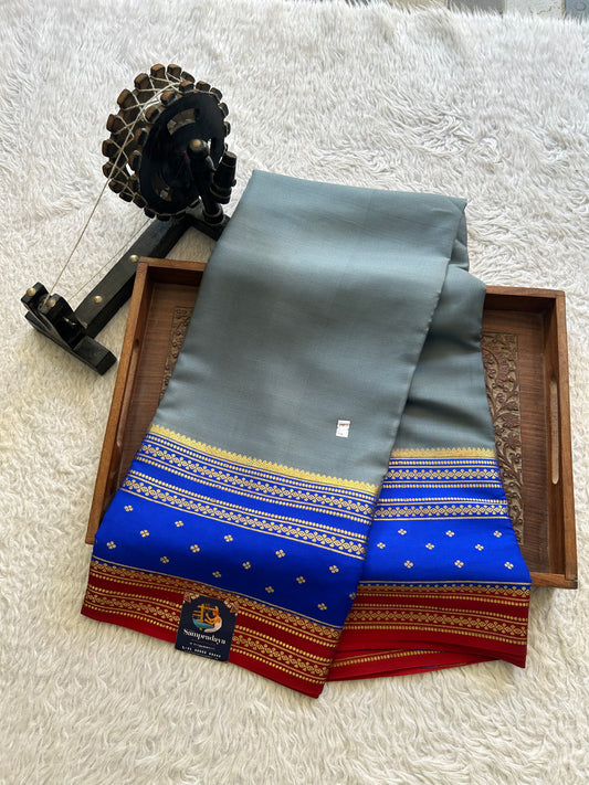 Elephant Gray Mysore Crepe Silk Saree with Silver Zari Border | Pure Handloom | Silk Mark Certified