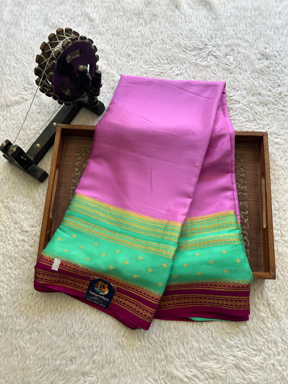 Lavender Mysore Crepe Silk Saree with Silver Zari Border | Pure Handloom | Silk Mark Certified