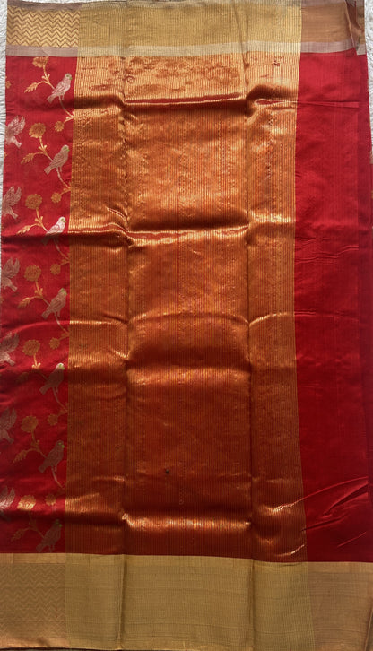Chanderi Silk Saree Red color Elegantly Paired with a Gold Zari  border - Sampradaya Designer Studio