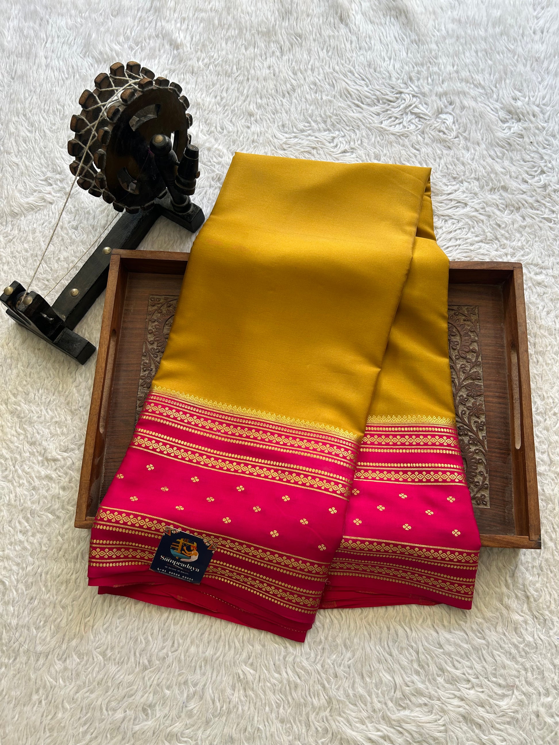Mustard Yellow Mysore Crepe Silk Saree with Silver Zari Border | Pure Handloom | Silk Mark Certified - Sampradaya Designer Studio