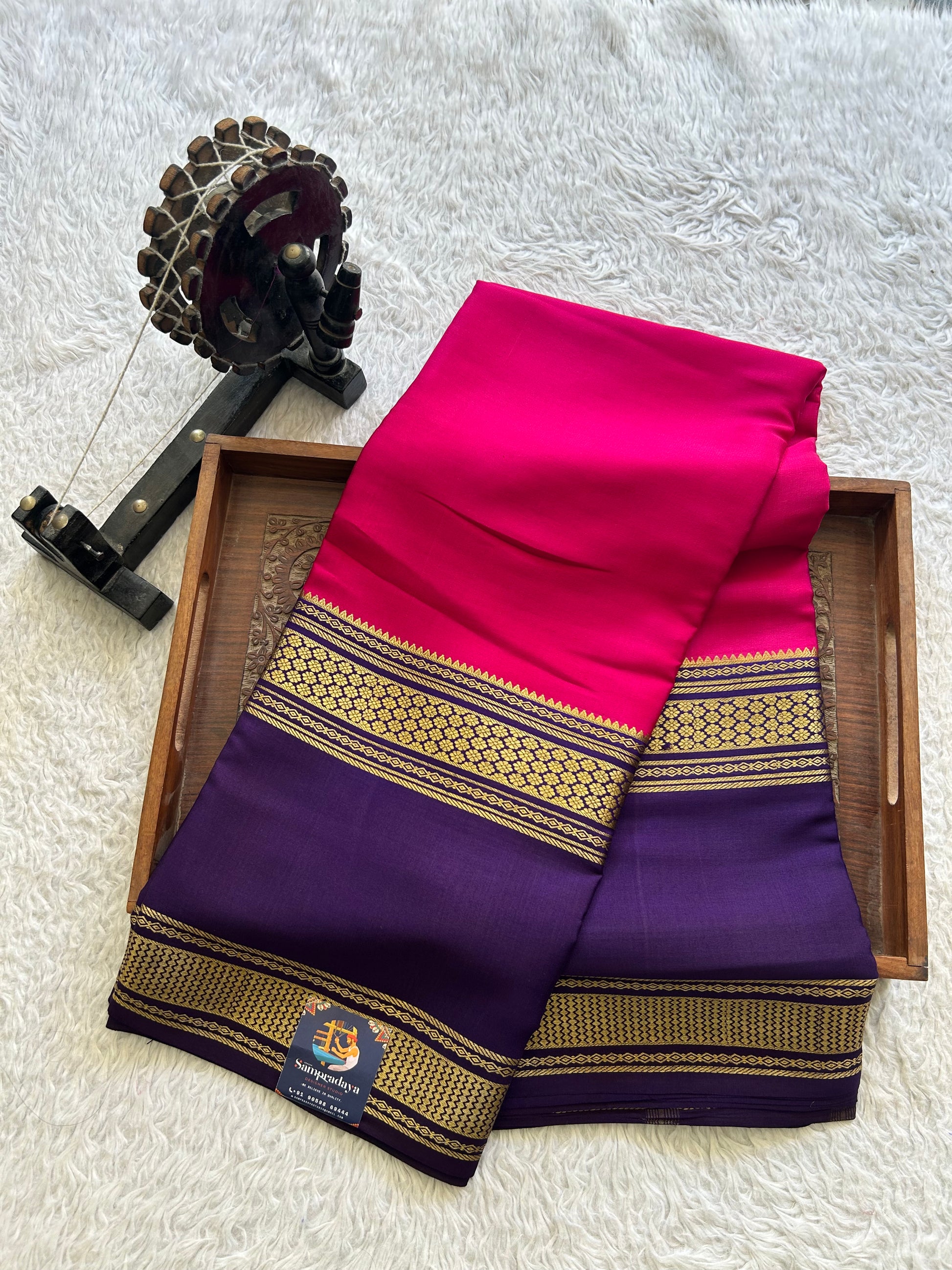 Pink Mysore Crepe Silk Saree with Silver Zari Border | Pure Handloom | Silk Mark Certified - Sampradaya Designer Studio
