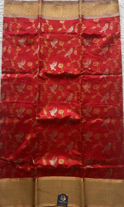 Chanderi Silk Saree Red color Elegantly Paired with a Gold Zari  border - Sampradaya Designer Studio