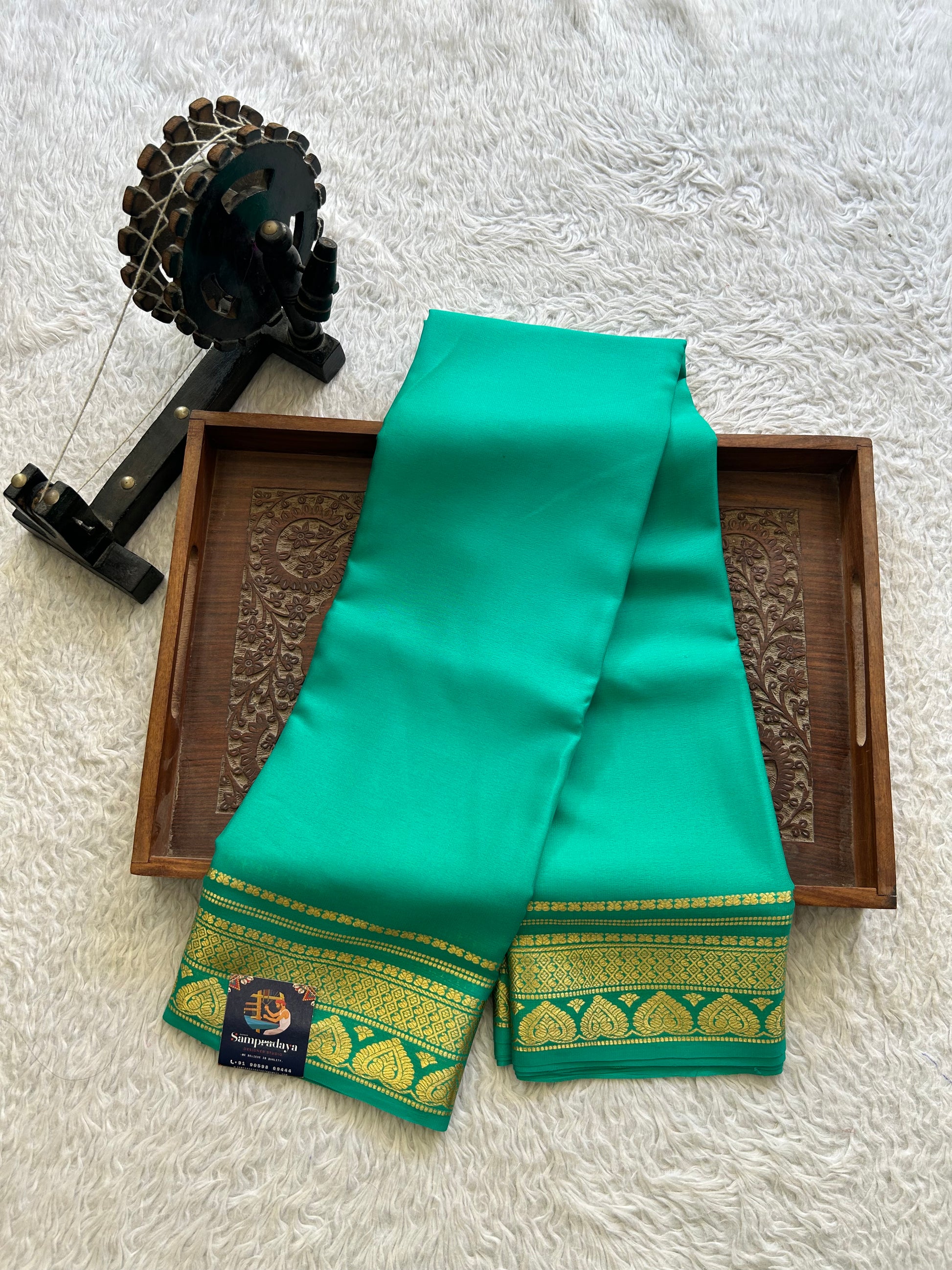 Sea Green Mysore Crepe Silk Saree with Silver Zari Border | Pure Handloom | Silk Mark Certified - Sampradaya Designer Studio