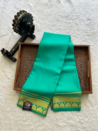 Sea Green Mysore Crepe Silk Saree with Silver Zari Border | Pure Handloom | Silk Mark Certified