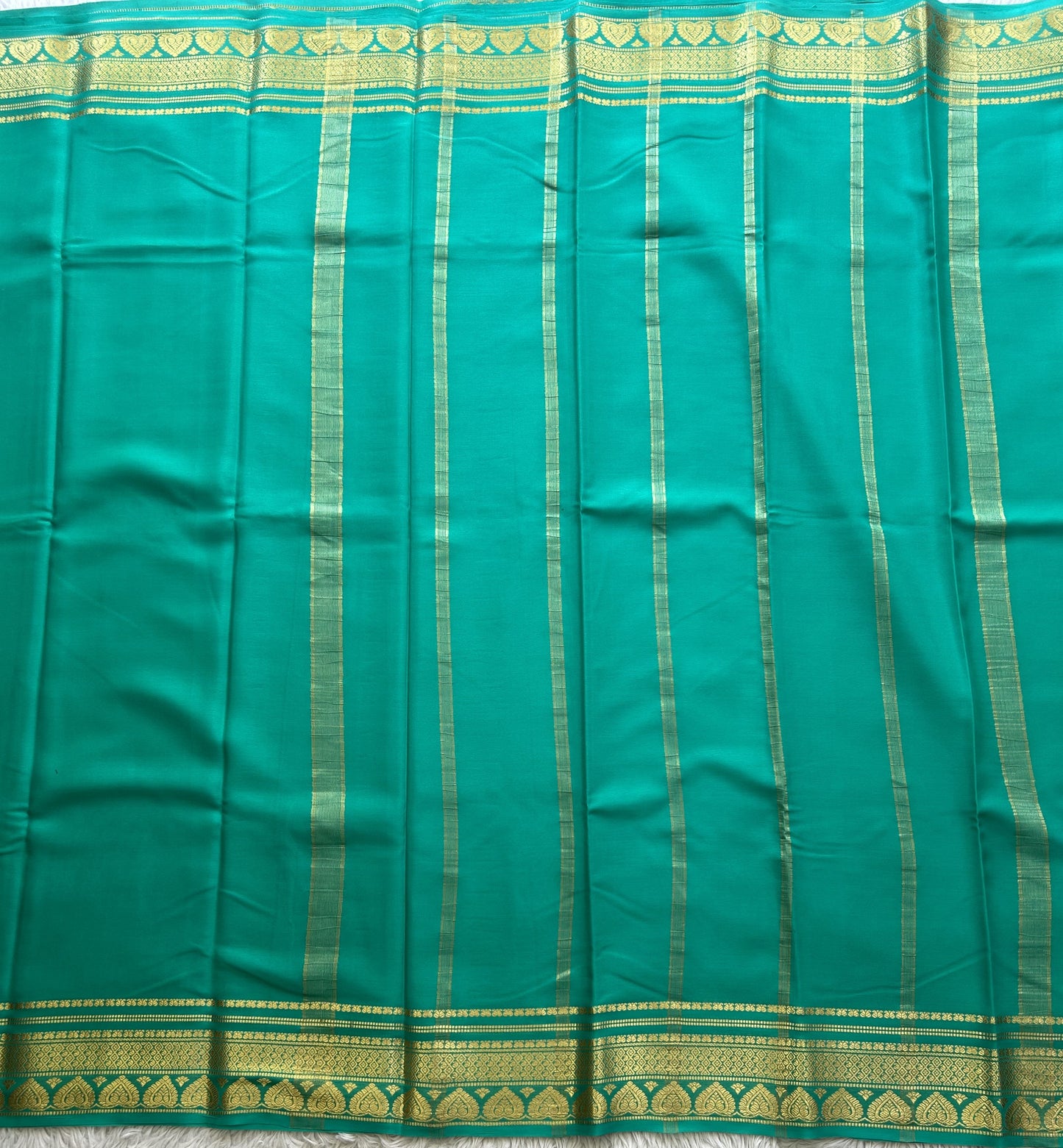 Sea Green Mysore Crepe Silk Saree with Silver Zari Border | Pure Handloom | Silk Mark Certified