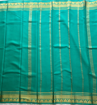 Sea Green Mysore Crepe Silk Saree with Silver Zari Border | Pure Handloom | Silk Mark Certified