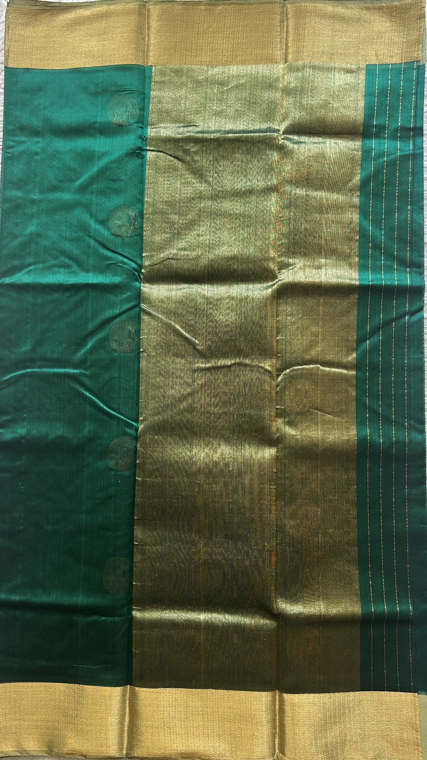 Chanderi Silk Saree Peacock Green  color Elegantly Paired Gold Zari border - Sampradaya Designer Studio