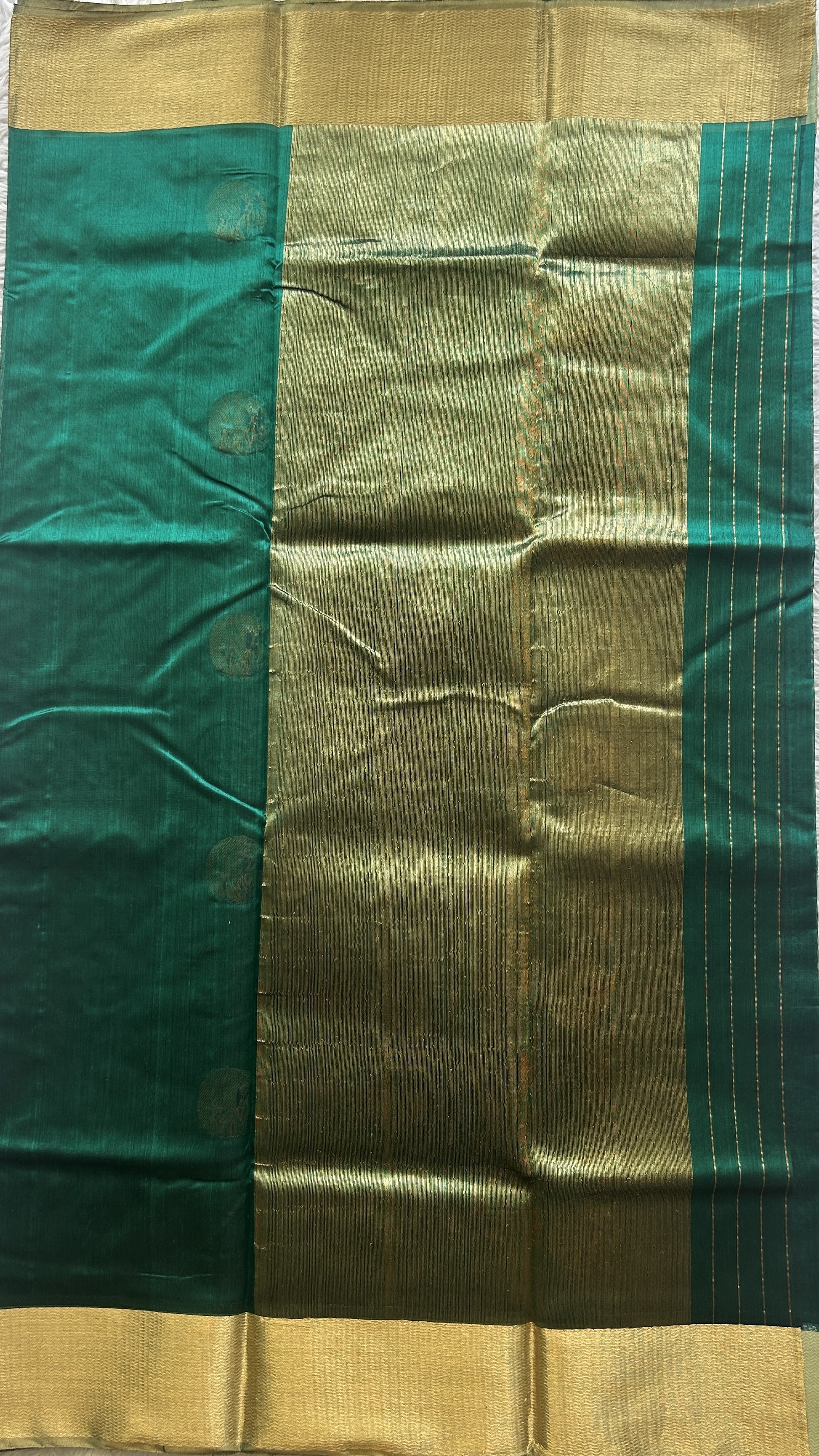 Chanderi Silk Saree Peacock Green  color Elegantly Paired Gold Zari border - Sampradaya Designer Studio