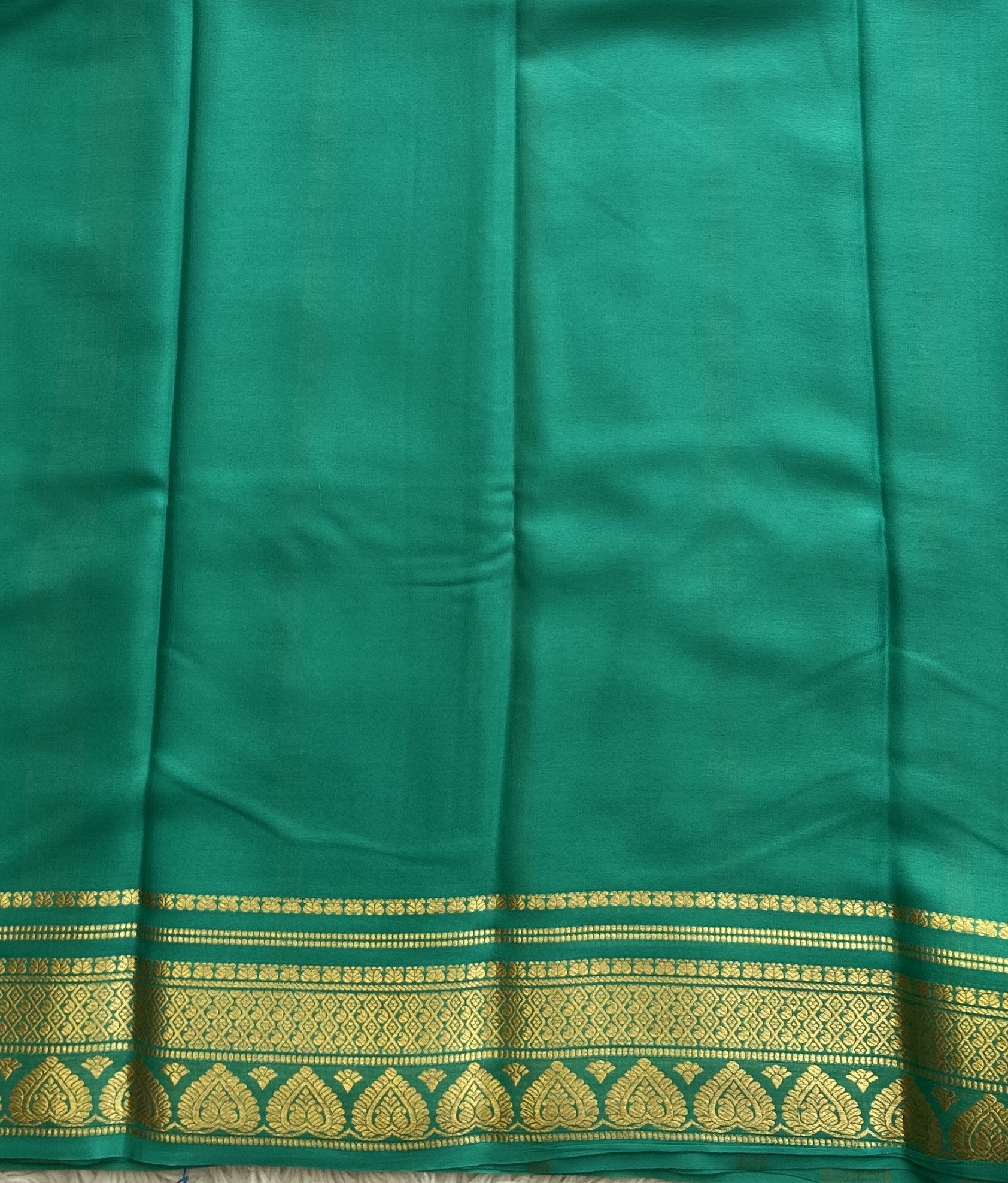 Sea Green Mysore Crepe Silk Saree with Silver Zari Border | Pure Handloom | Silk Mark Certified - Sampradaya Designer Studio