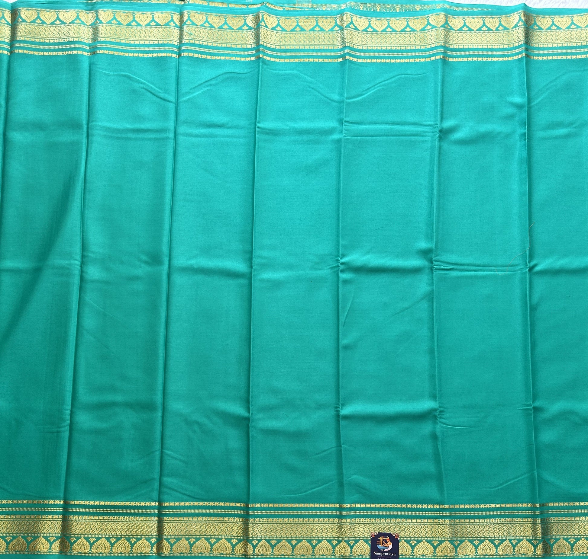 Sea Green Mysore Crepe Silk Saree with Silver Zari Border | Pure Handloom | Silk Mark Certified - Sampradaya Designer Studio