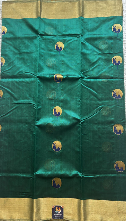 Chanderi Silk Saree Peacock Green  color Elegantly Paired Gold Zari border - Sampradaya Designer Studio