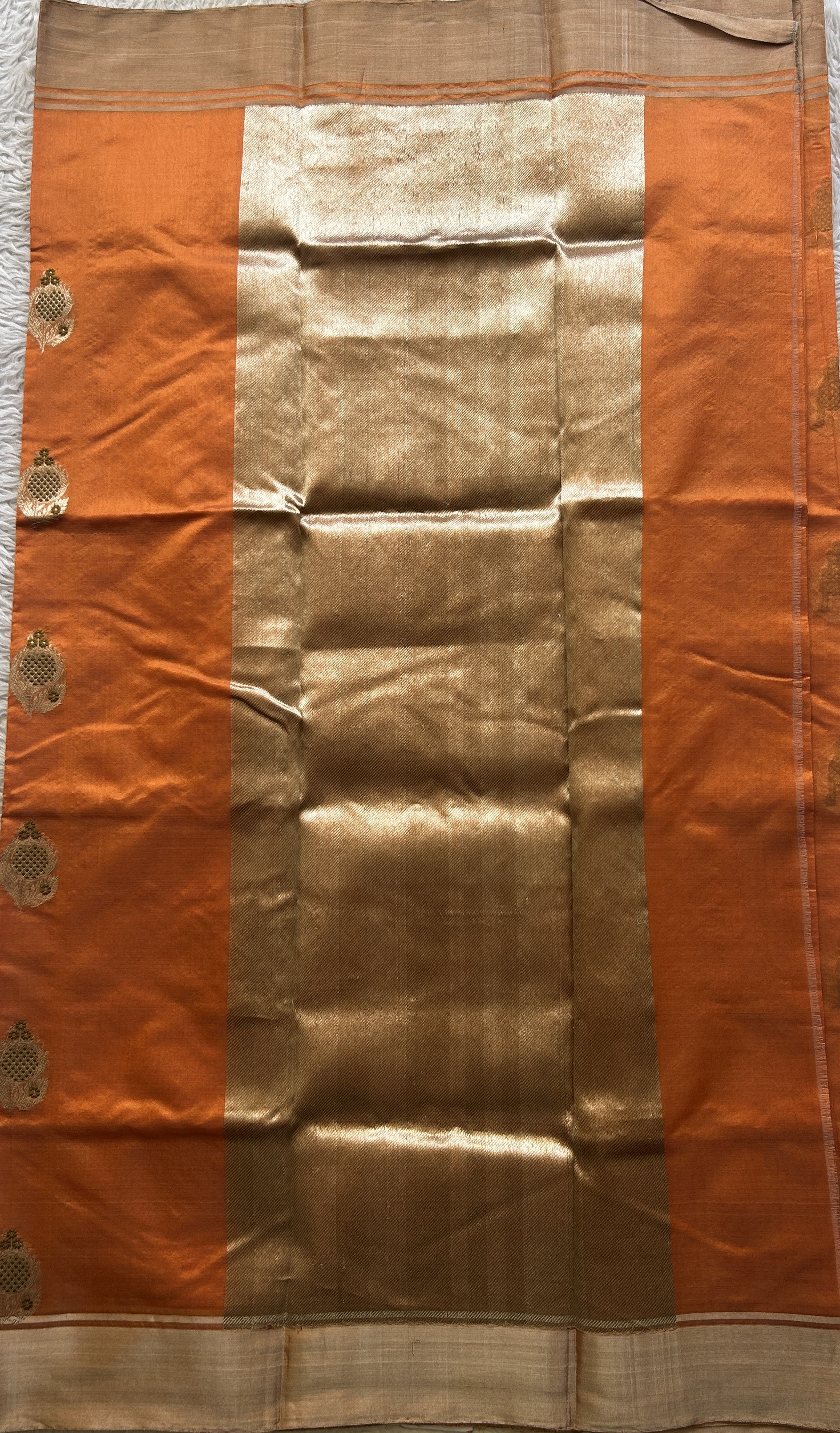 Chanderi Silk Saree Orange color Elegantly Paired with a Plain border - Sampradaya Designer Studio