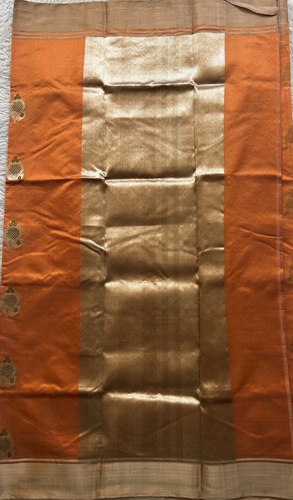 Chanderi Silk Saree Orange color Elegantly Paired with a Plain border - Sampradaya Designer Studio