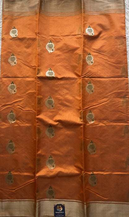 Chanderi Silk Saree Orange color Elegantly Paired with a Plain border - Sampradaya Designer Studio