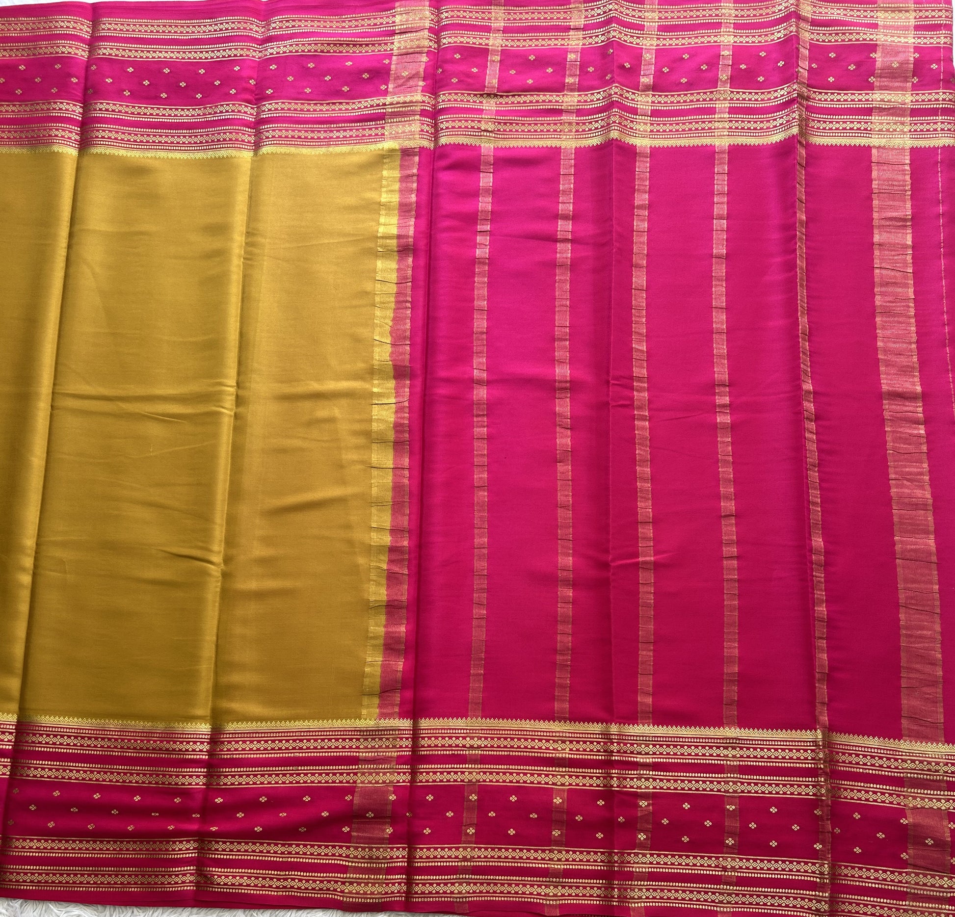 Mustard Yellow Mysore Crepe Silk Saree with Silver Zari Border | Pure Handloom | Silk Mark Certified - Sampradaya Designer Studio
