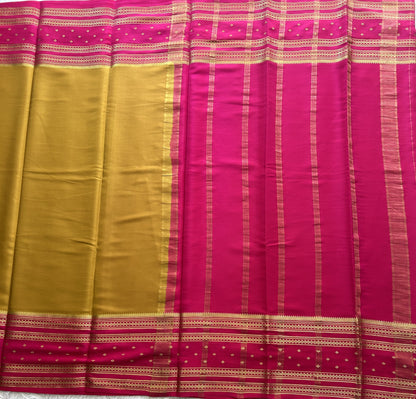 Mustard Yellow Mysore Crepe Silk Saree with Silver Zari Border | Pure Handloom | Silk Mark Certified