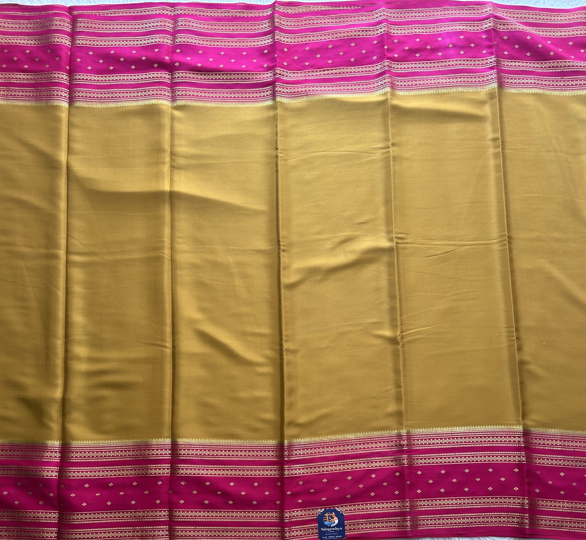Mustard Yellow Mysore Crepe Silk Saree with Silver Zari Border | Pure Handloom | Silk Mark Certified - Sampradaya Designer Studio