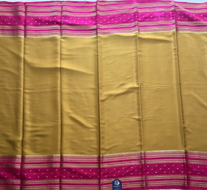 Mustard Yellow Mysore Crepe Silk Saree with Silver Zari Border | Pure Handloom | Silk Mark Certified