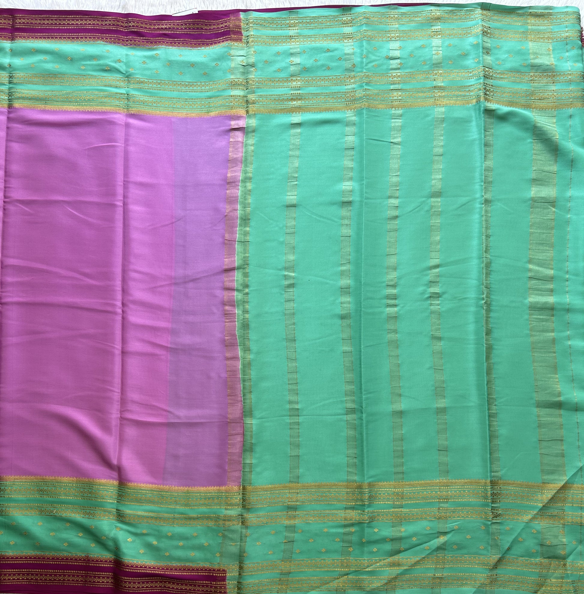 Lavender Mysore Crepe Silk Saree with Silver Zari Border | Pure Handloom | Silk Mark Certified - Sampradaya Designer Studio