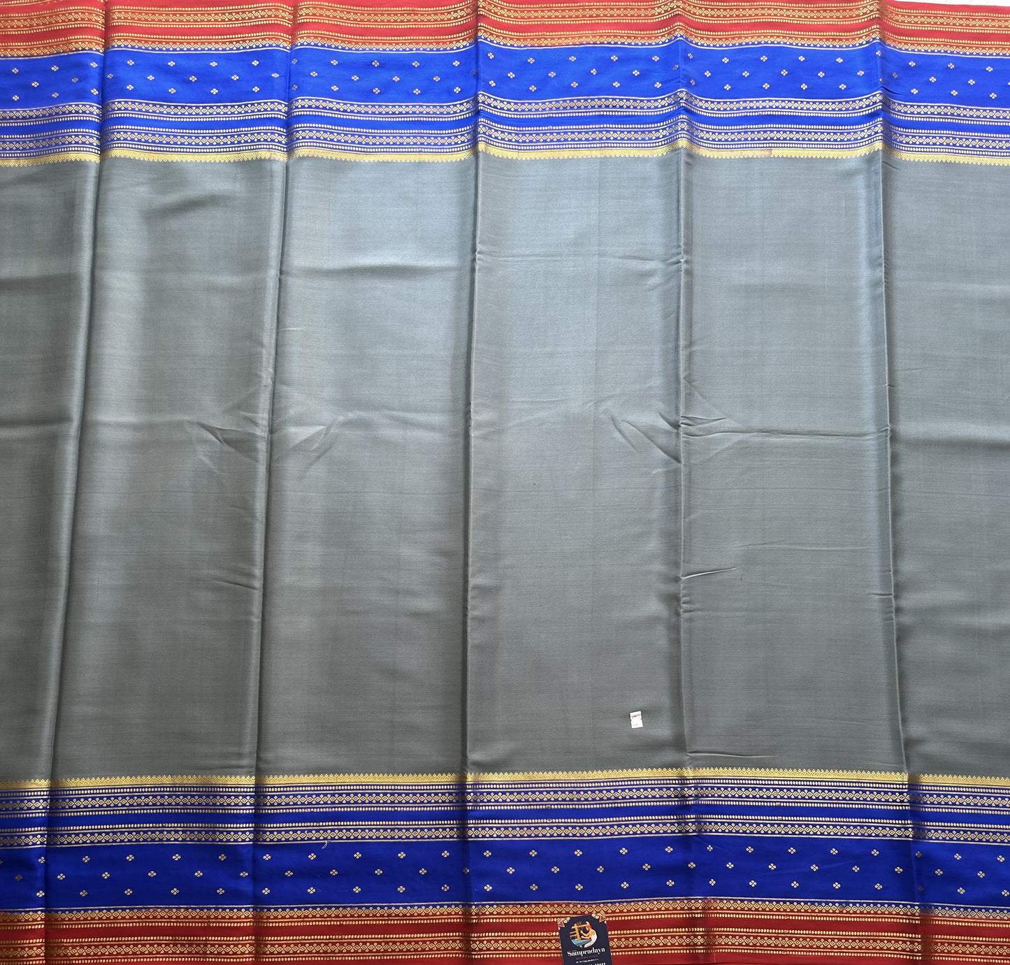 Elephant Gray Mysore Crepe Silk Saree with Silver Zari Border | Pure Handloom | Silk Mark Certified