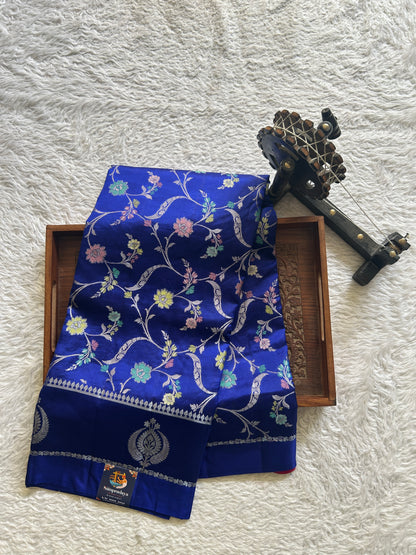 Chiniya Silk Saree Royal Blue Colored Elegantly Paired with a Gap Border - Sampradaya Designer Studio
