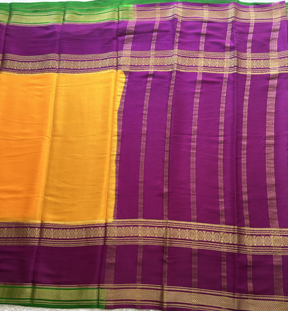 Yellow Mysore Crepe Silk Saree with Silver Zari Border | Pure Handloom | Silk Mark Certified