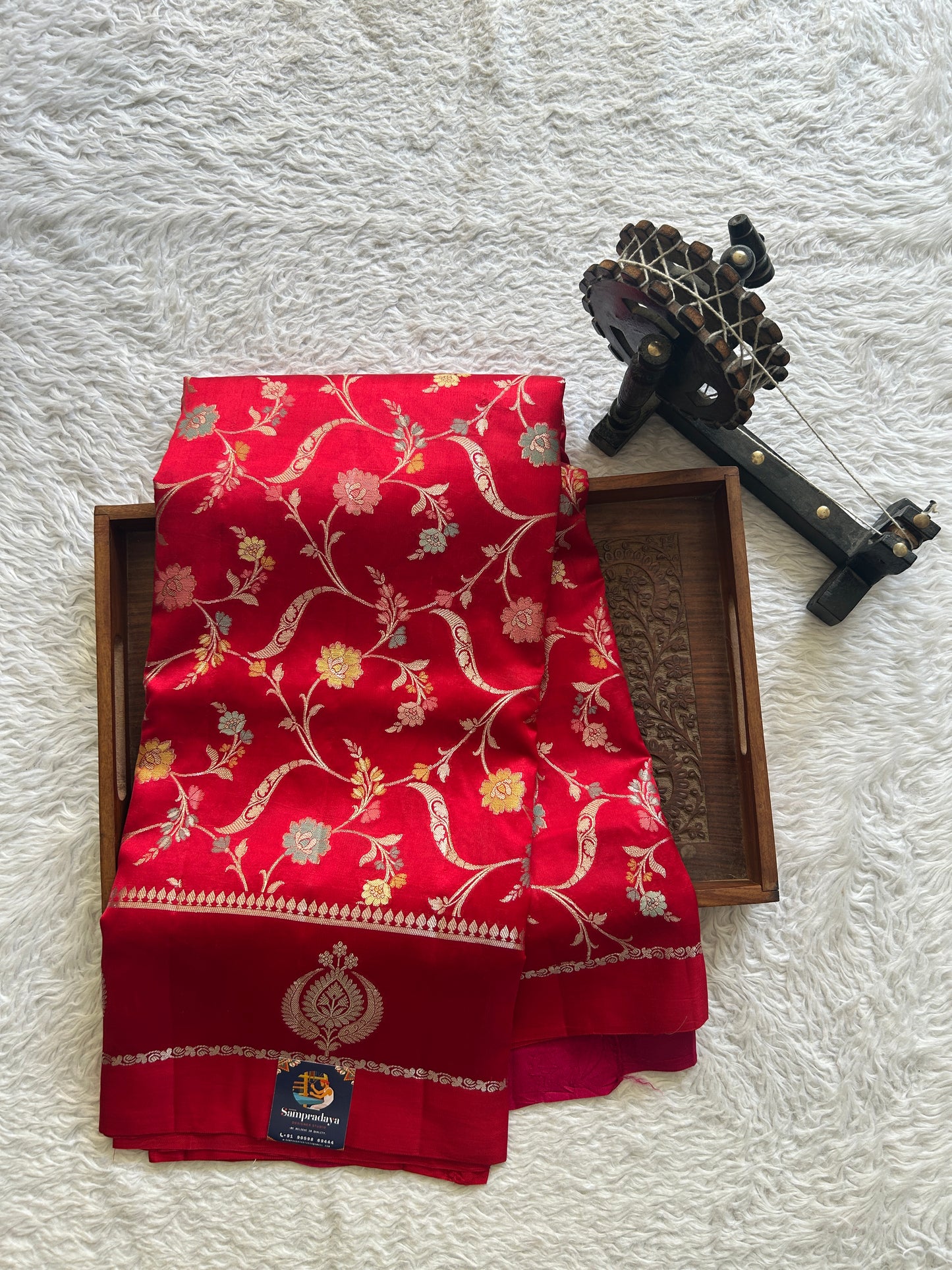 Chiniya Silk Saree Chilly Red Colored Elegantly Paired With a Gap Border - Sampradaya Designer Studio