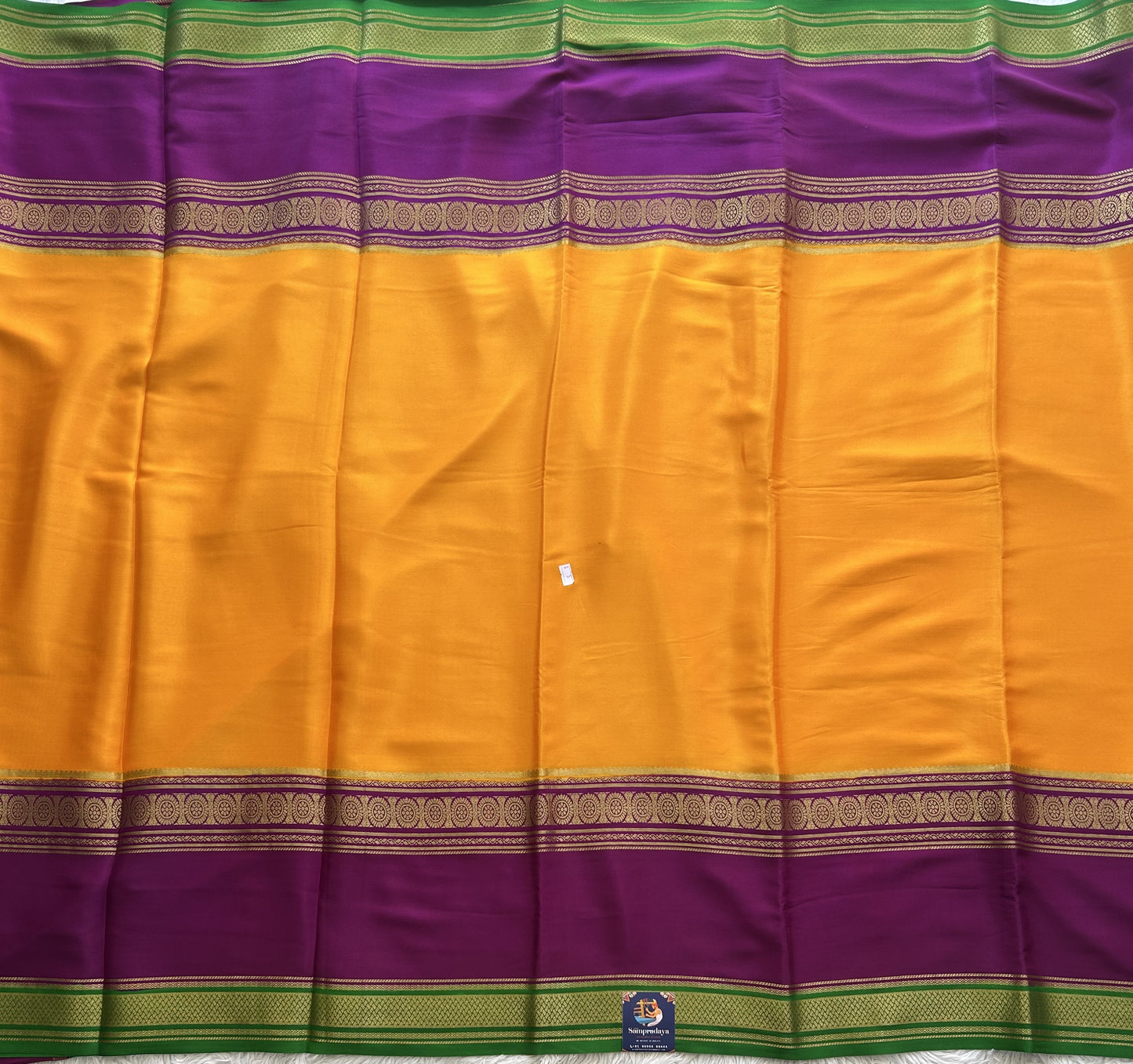 Yellow Mysore Crepe Silk Saree with Silver Zari Border | Pure Handloom | Silk Mark Certified