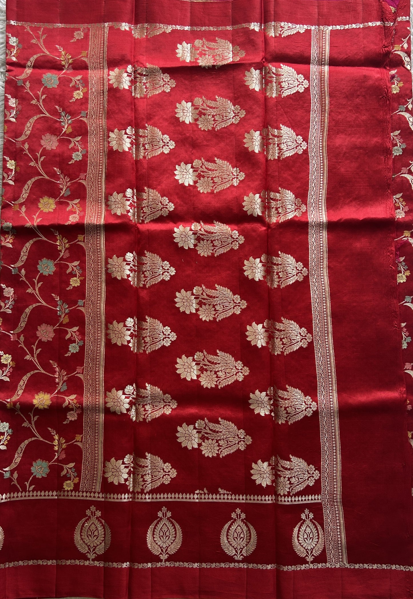Chiniya Silk Saree Chilly Red Colored Elegantly Paired With a Gap Border - Sampradaya Designer Studio