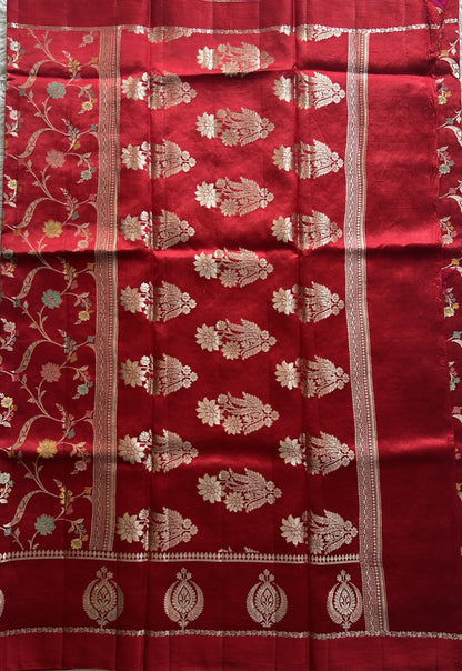 Chiniya Silk Saree Chilly Red Colored Elegantly Paired With a Gap Border - Sampradaya Designer Studio