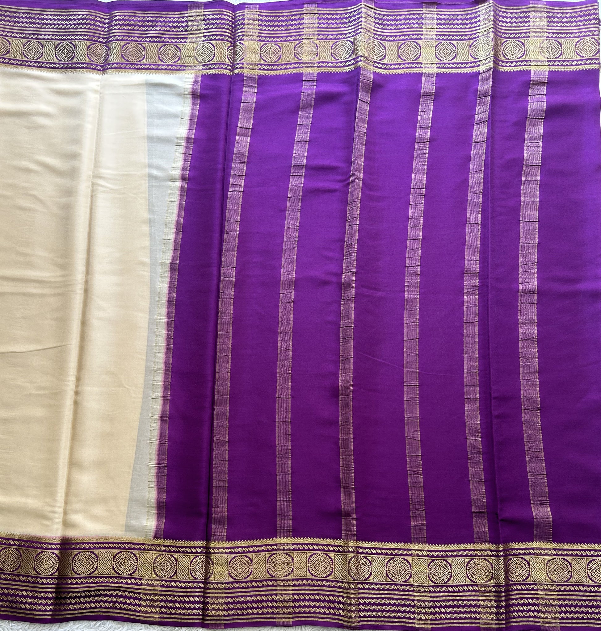 Cream Mysore Crepe Silk Saree with Silver Zari Border | Pure Handloom | Silk Mark Certified - Sampradaya Designer Studio