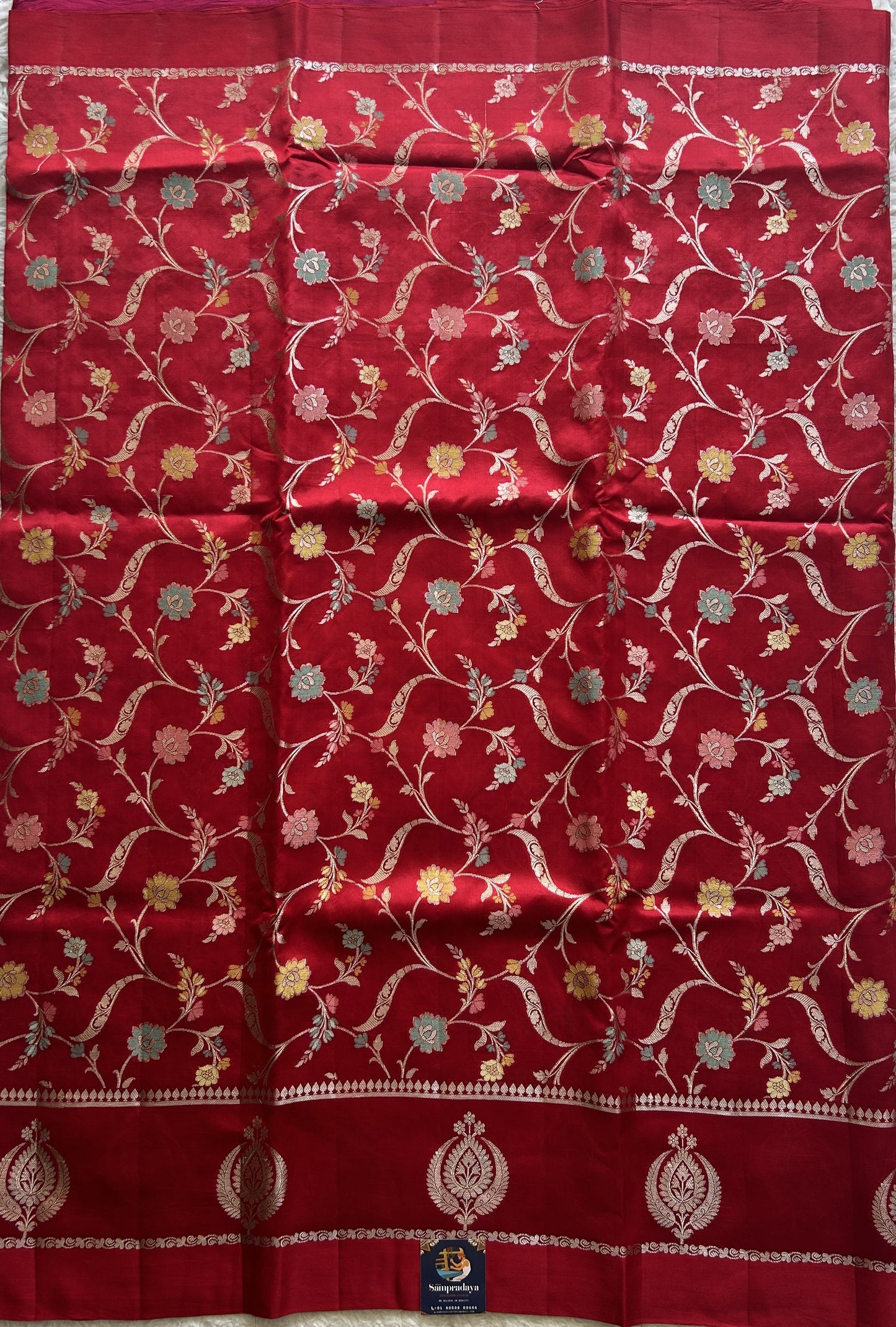 Chiniya Silk Saree Chilly Red Colored Elegantly Paired With a Gap Border - Sampradaya Designer Studio