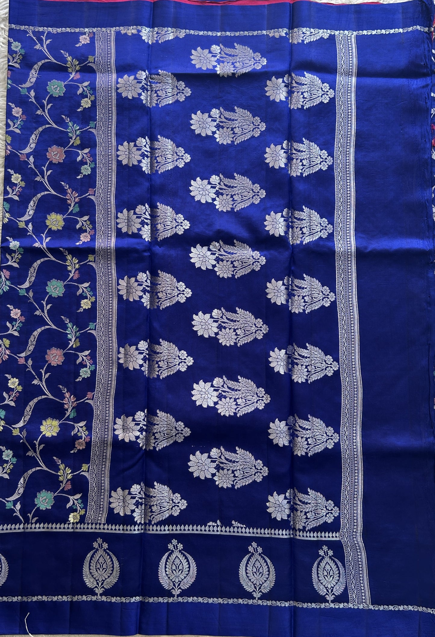 Chiniya Silk Saree Royal Blue Colored Elegantly Paired with a Gap Border - Sampradaya Designer Studio