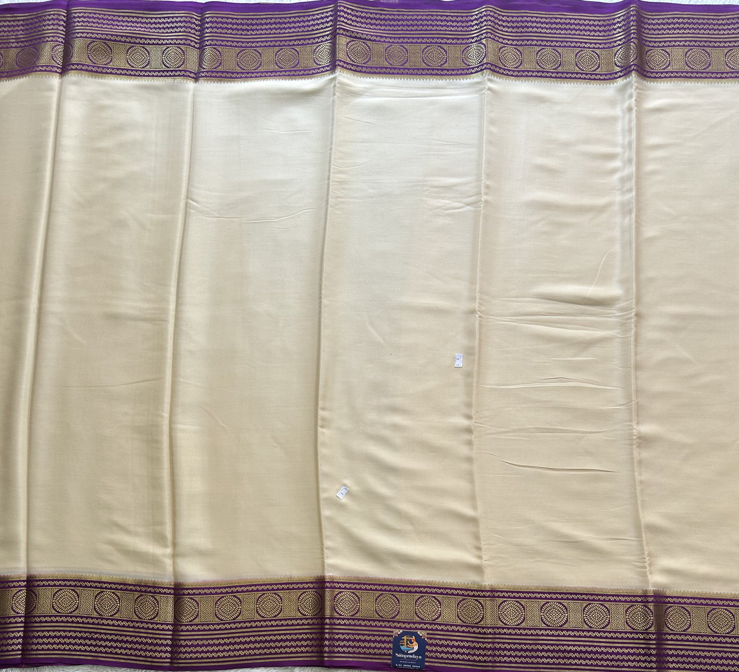 Cream Mysore Crepe Silk Saree with Silver Zari Border | Pure Handloom | Silk Mark Certified