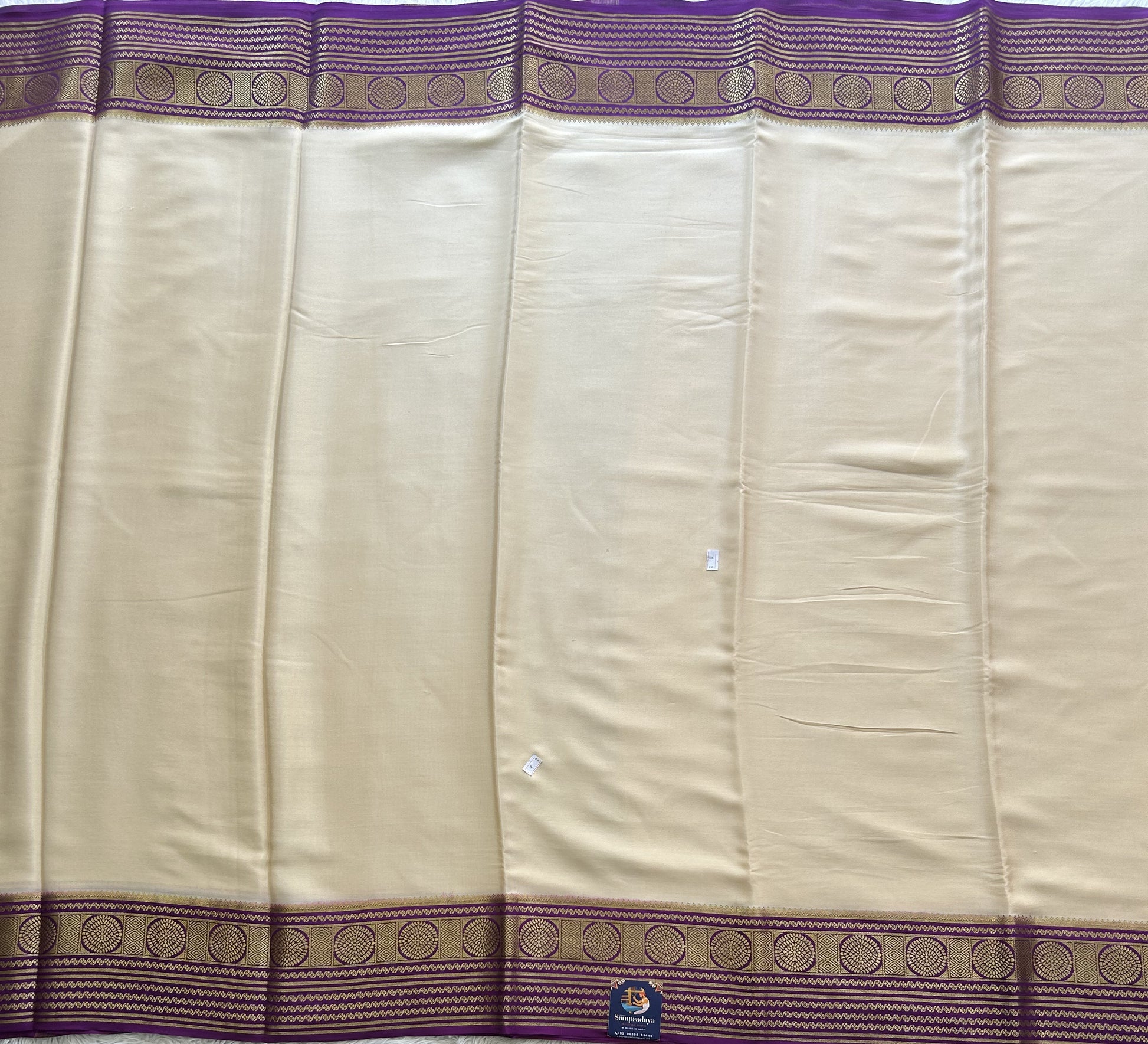 Cream Mysore Crepe Silk Saree with Silver Zari Border | Pure Handloom | Silk Mark Certified - Sampradaya Designer Studio