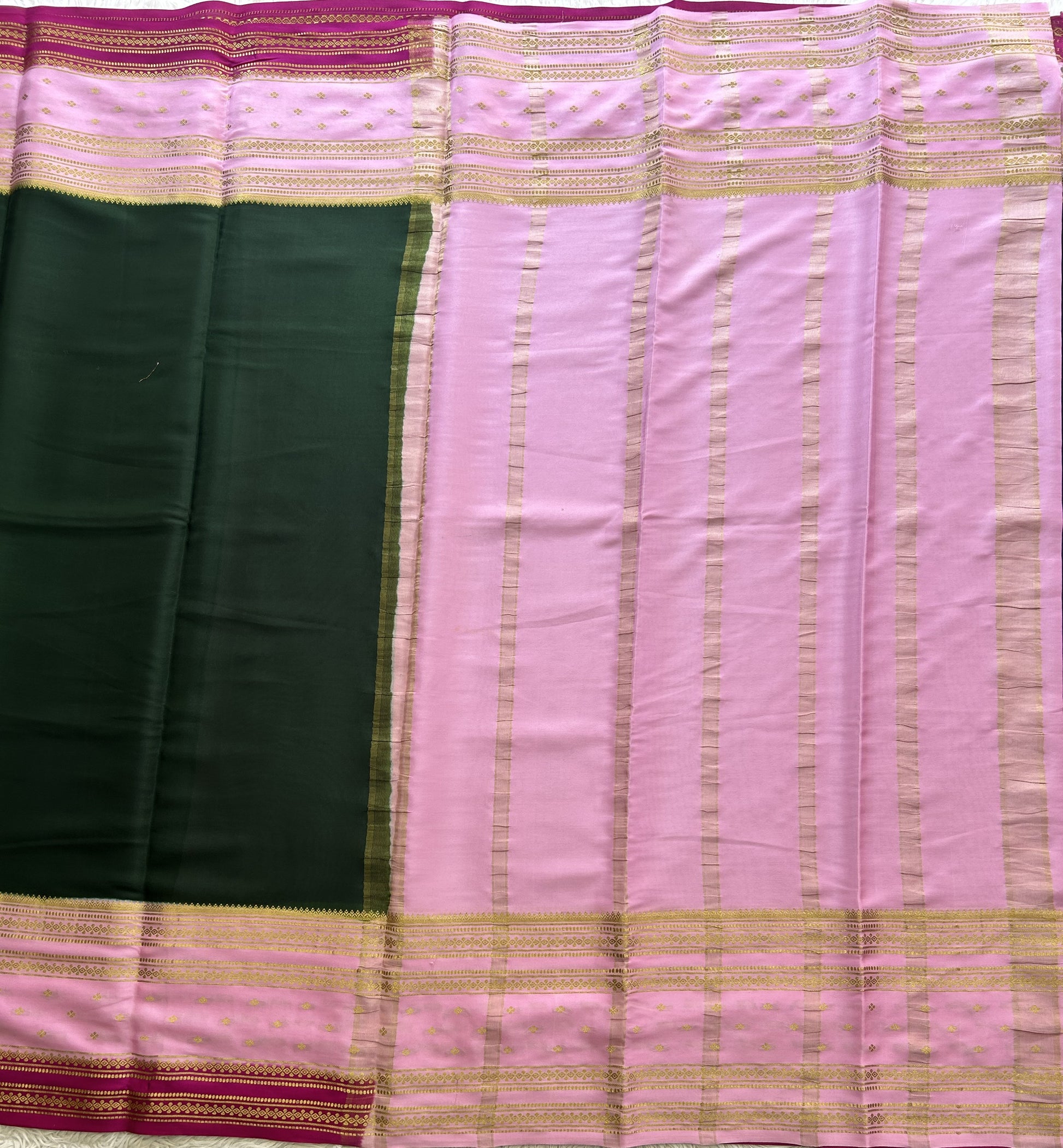 Bottle Green Mysore Crepe Silk Saree with Silver Zari Border | Pure Handloom | Silk Mark Certified - Sampradaya Designer Studio
