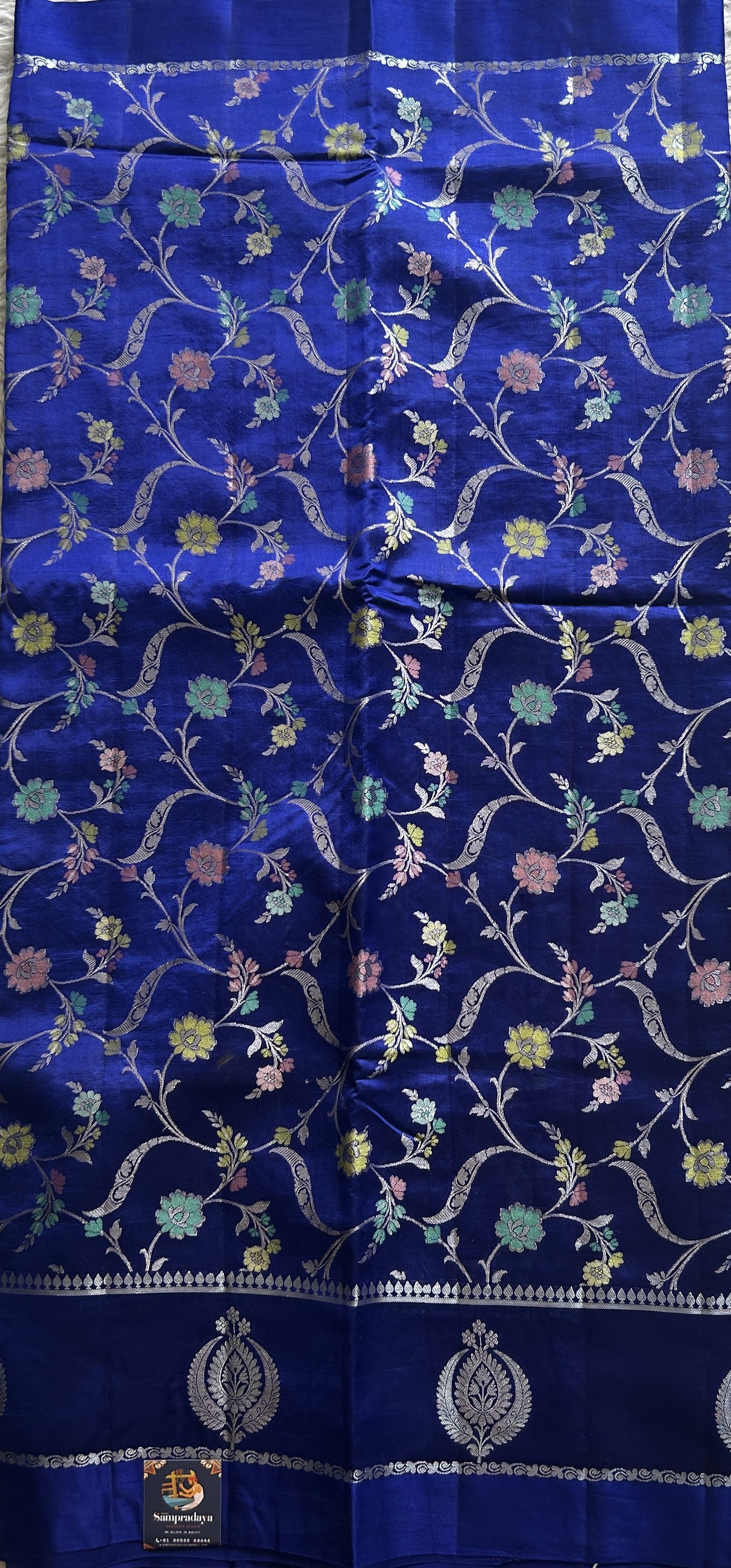 Chiniya Silk Saree Royal Blue Colored Elegantly Paired with a Gap Border - Sampradaya Designer Studio